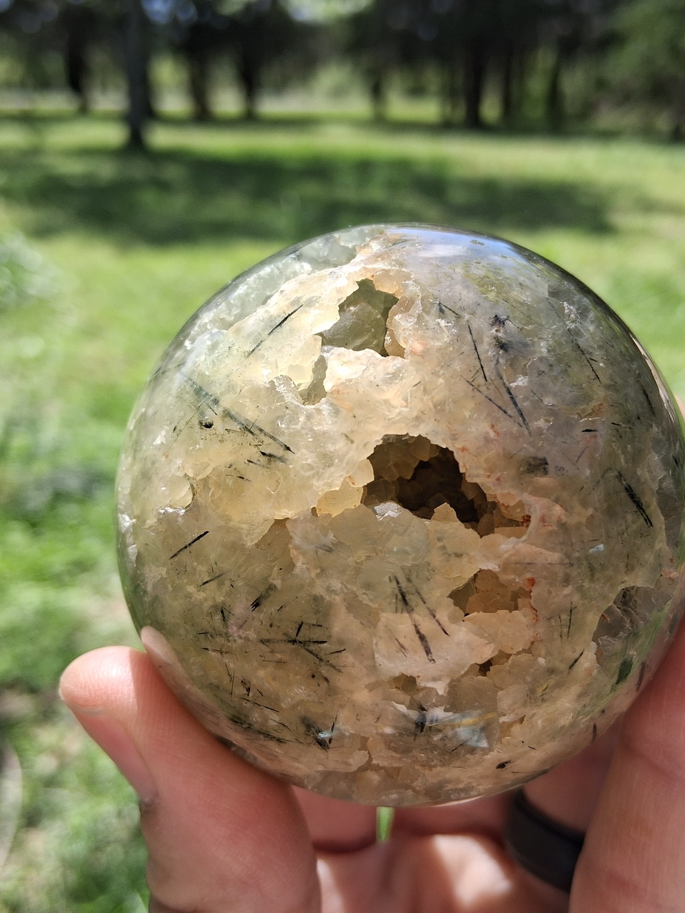 71mm Prehnite with Black Tourmaline Sphere Druzy Clusters Crystal Ball Orb Green